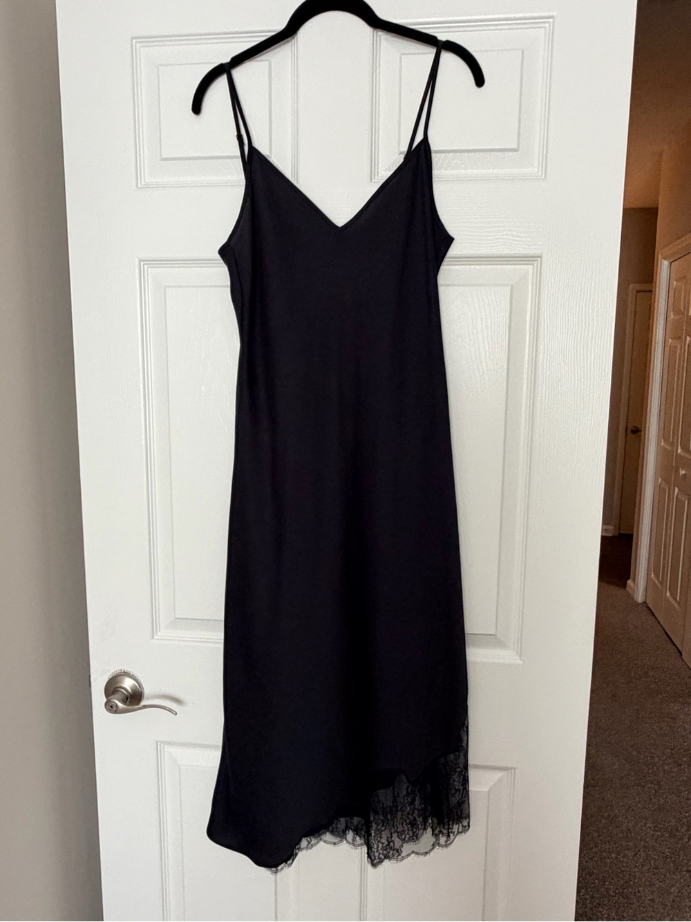 Wilfred Black Asymmetrical Slip Dress with Lace Trim
